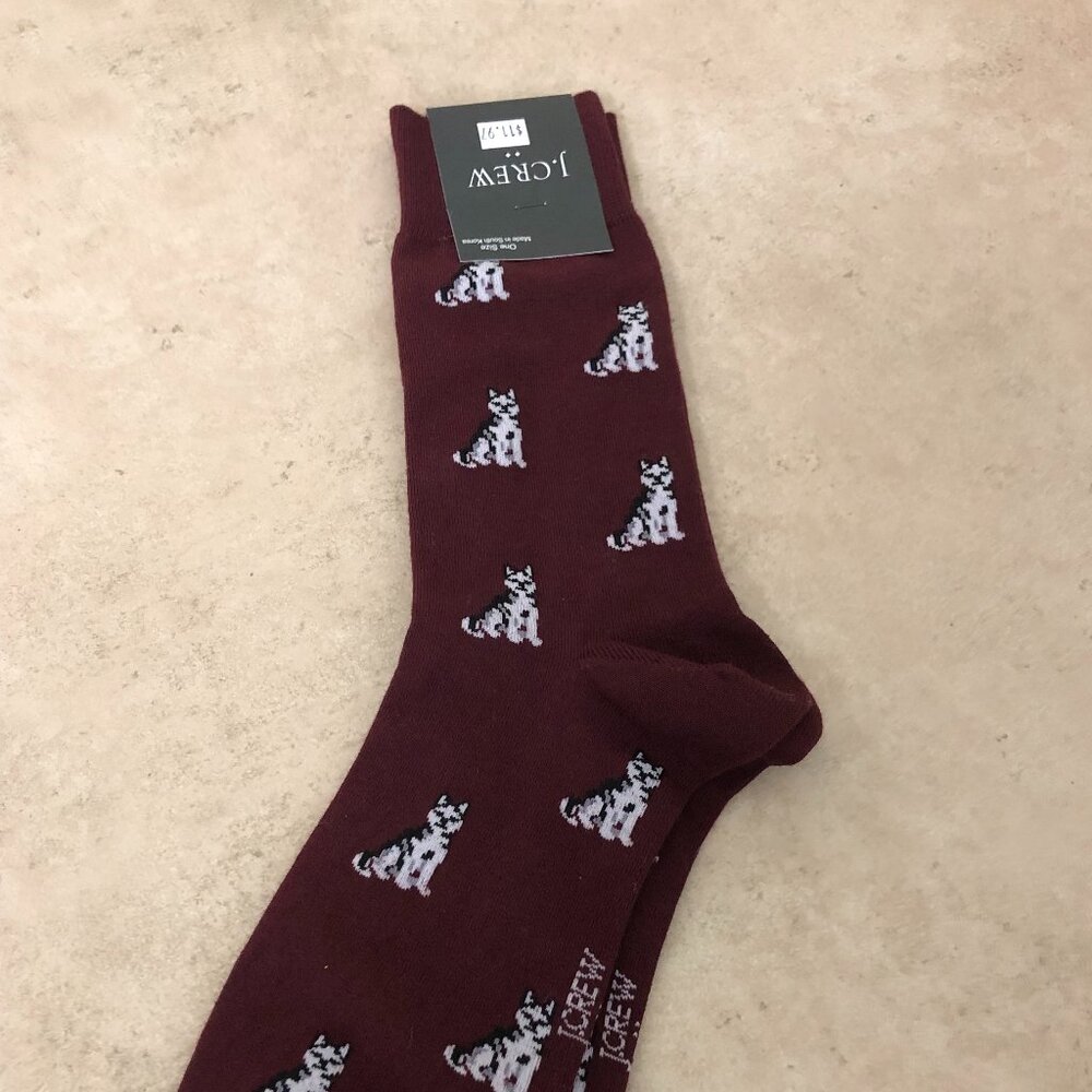 NWT J. Crew Burgendy socks with dog pattern (dark red/white/black) One Size